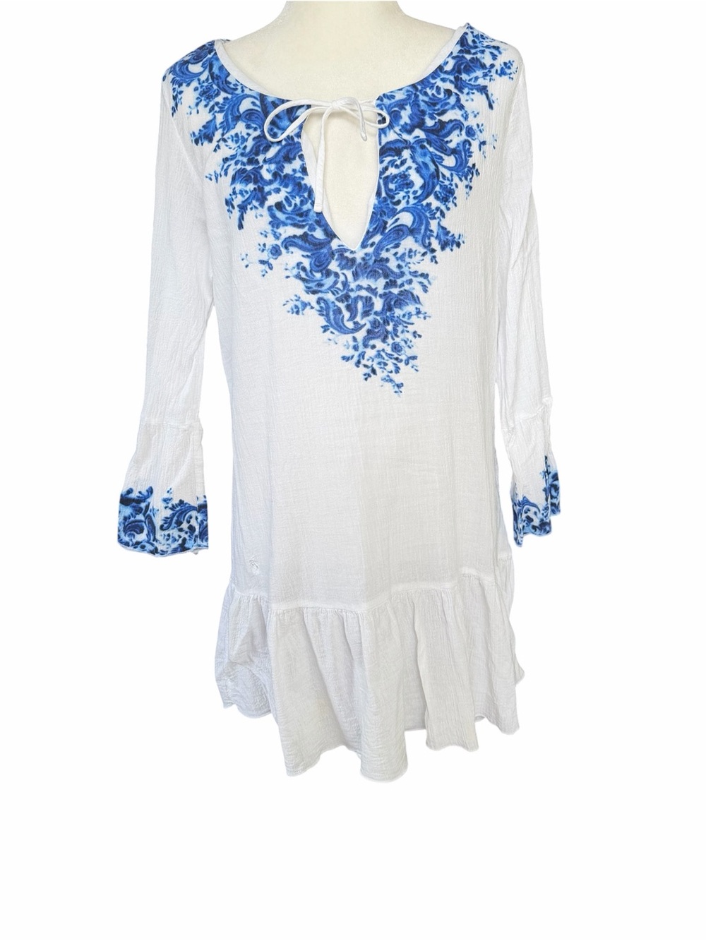Ralph Lauren White Tunic Gauzy Peasant Blouse Blue Floral Flare Bell Sleeves M